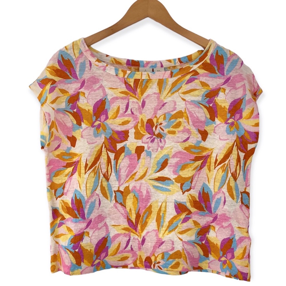 Joie 100% Linen Boxy Cropped Artsy Floral Soft Tee with some Stretch | M